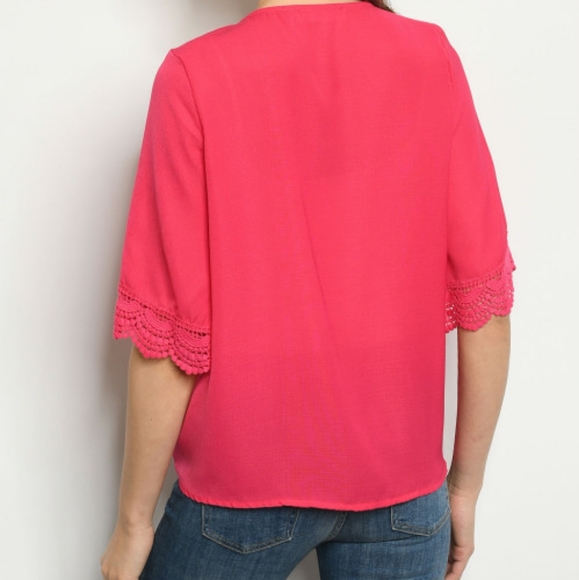Fuchsia Crochet Sleeve Tie Front Kimono - Picture 3 of 3